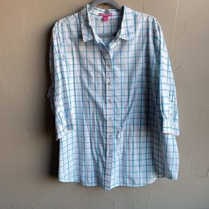 Woman Within White with Aqua Blue Checkered Stripes With 3/4 Length Sleeves
